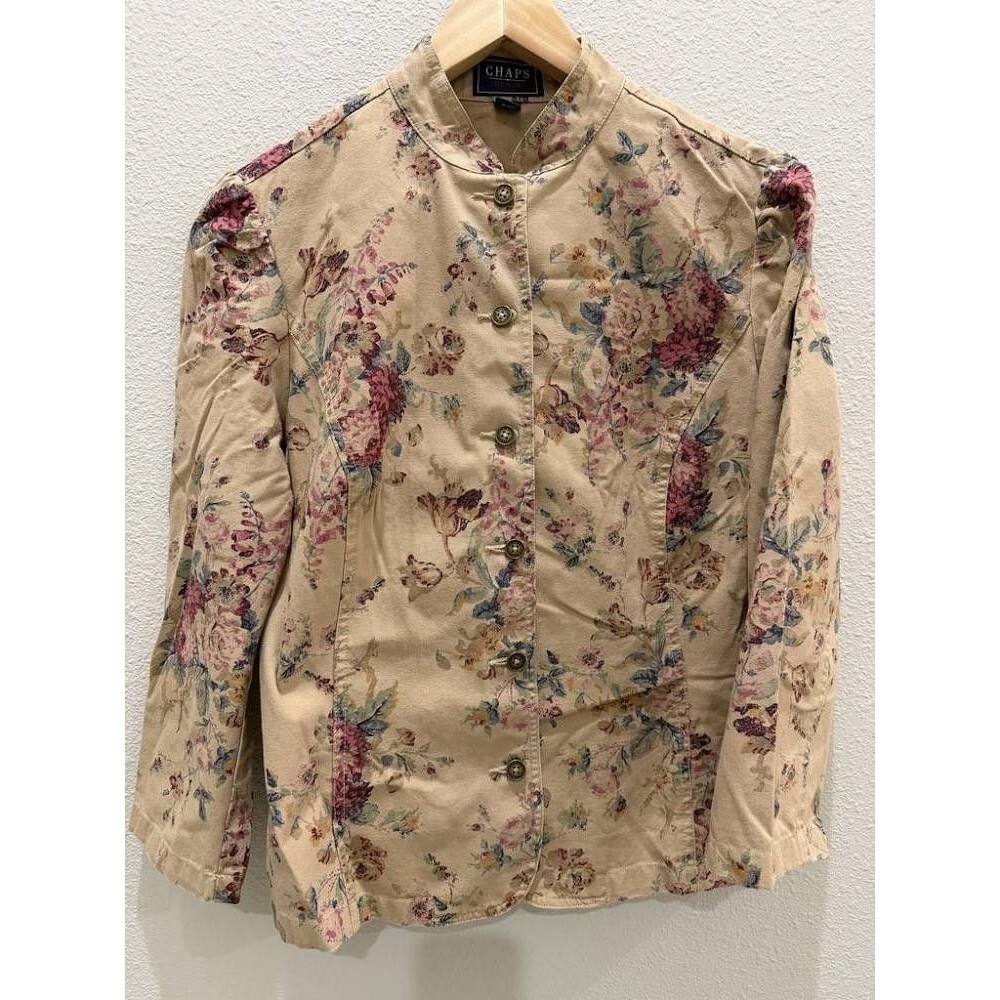 Vintage Chaps Denim Floral Tapestry Jacket Mandarin Collar Puffed Sleeve L
